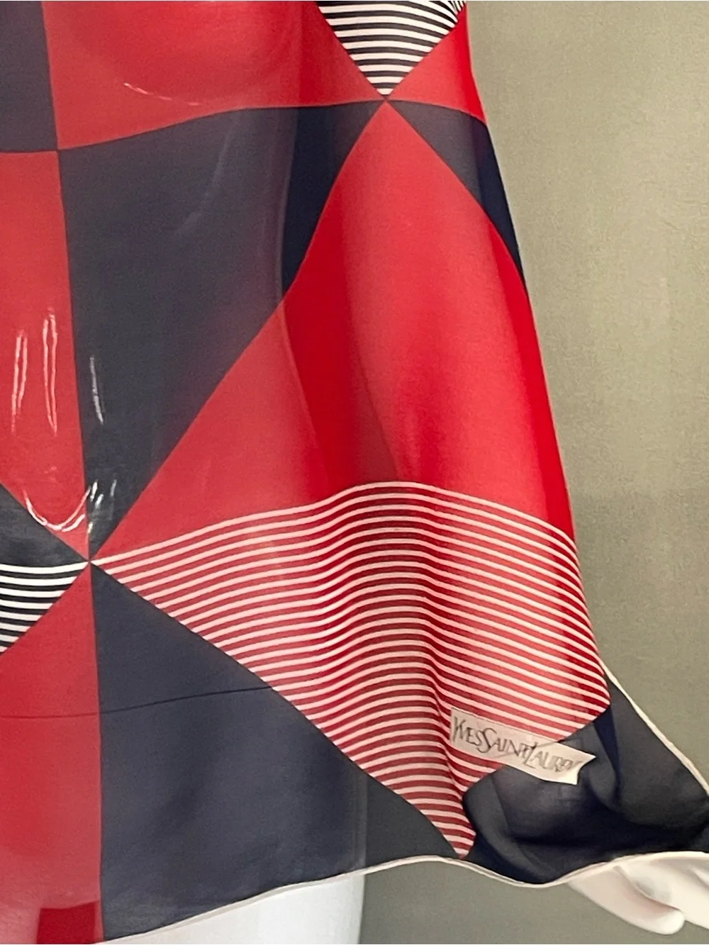 Vintage Yves Saint Laurent Red White Blue Sheer Silk Scarf 30 In Exc Condition